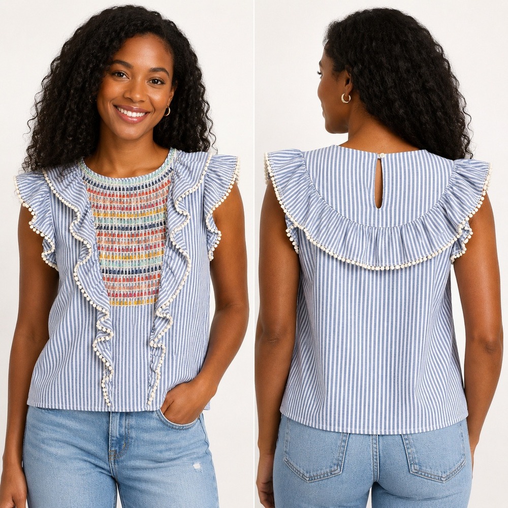 THML Top Embroidered Ruffle Stripe Womens S Blue White Pom Pom Sleeveless Blouse